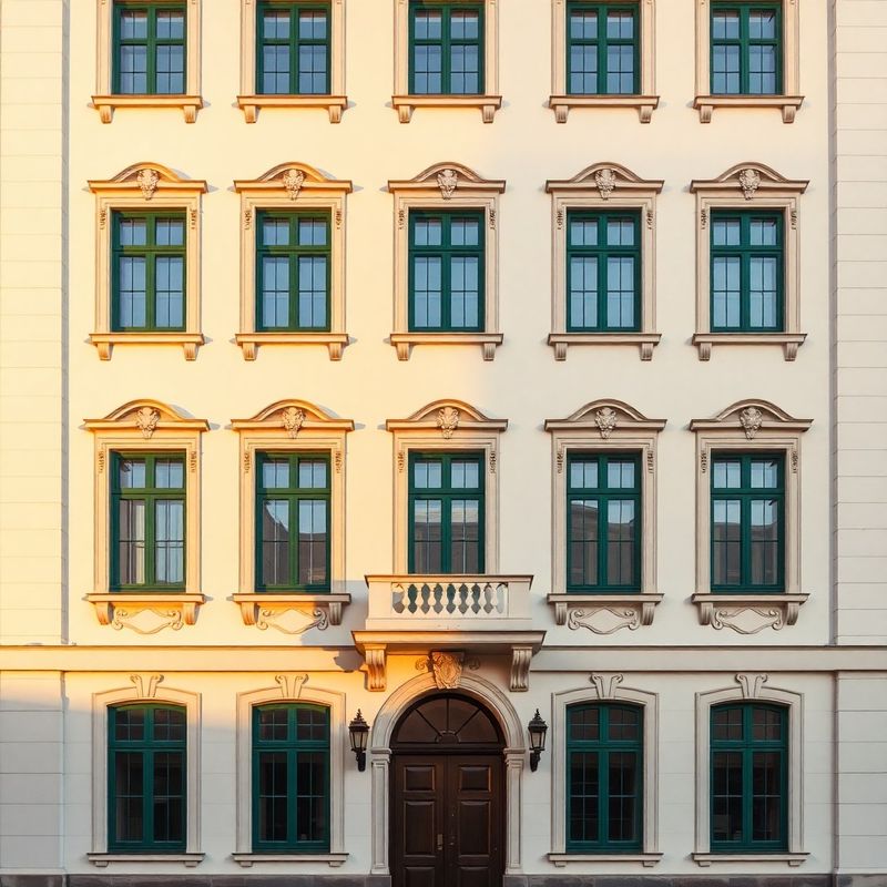 Fasáda historickej stredoeurópskej budovy v Martine s lesno-zelenými okennými rámami