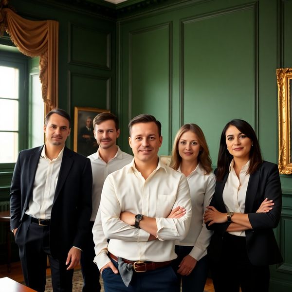 Skupinový portrét poradcov v lesno-zelenej kancelárii s denným svetlom